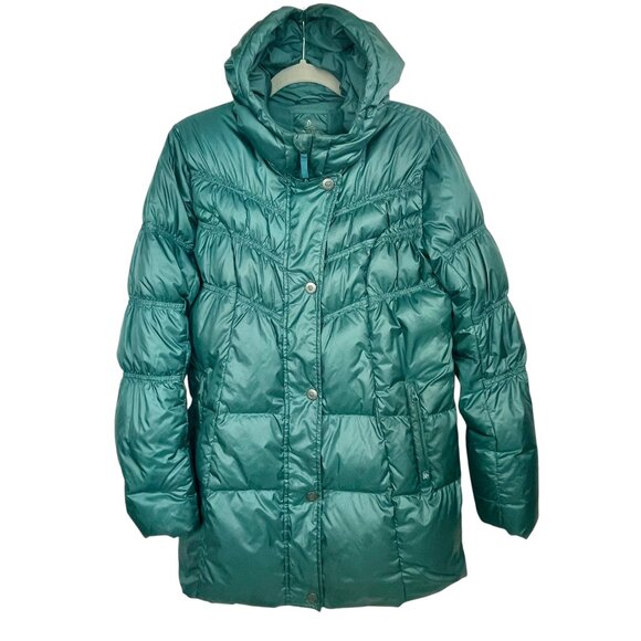 Prana Milly Down Puffer Coat Balsam Green Packable Thigh Length Hooded Womens L - Picture 15 of 15